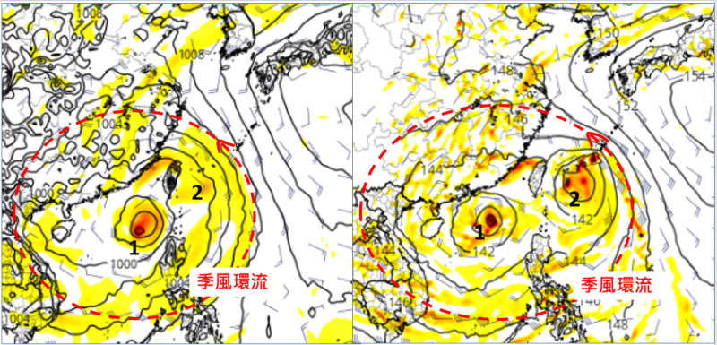 菲律賓、台灣東方海面至南海一帶，將轉變為大「季風低壓環流」的型態，環流內有2個熱帶擾動。   圖：翻攝自老大洩天機專欄