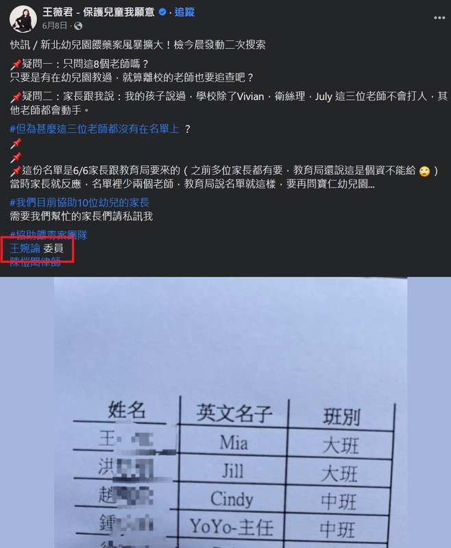 王薇君6月8日在臉書發文中TAG王婉諭，發佈多名板橋私幼案中多名幼教老師的個資。   圖：擷取自王薇君臉書