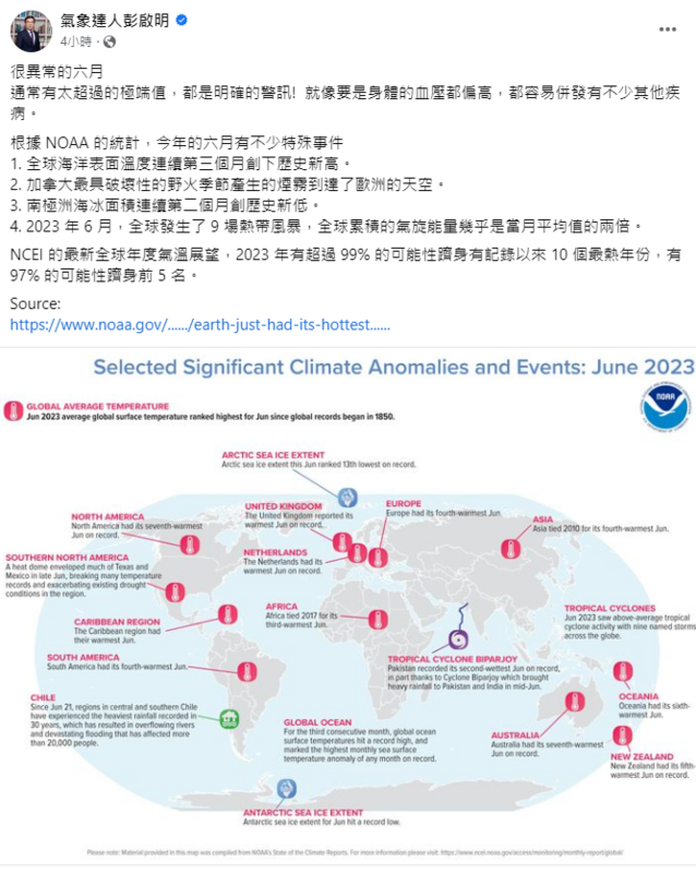 今年6月出現不少特殊事件，彭啟明示警，通常有太超過的極端值，都是明確的警訊。   圖：翻攝自彭啟明臉書