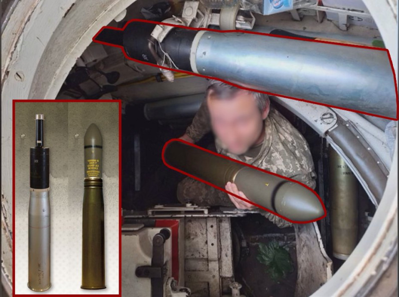烏克蘭 M-55S 使用的兩種彈藥，圖中士兵手持的是 M393A3 HESH-T 曳光黏著榴彈，士兵頭上的彈藥則為 M456A2 HEAT-T 曳光反戰車高爆彈。   圖：翻攝自推特帳號Ukraine Weapons Tracker