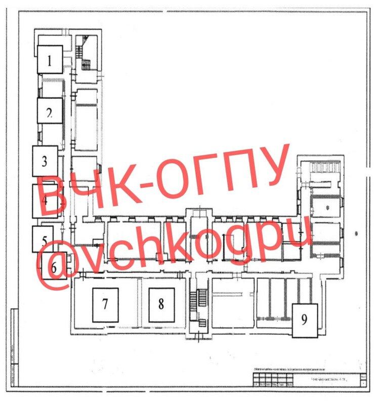 建築計畫中地下室的平面圖，可見地下室共有 9 間房間。   圖：翻攝自VChK-OGPU官方Telegram