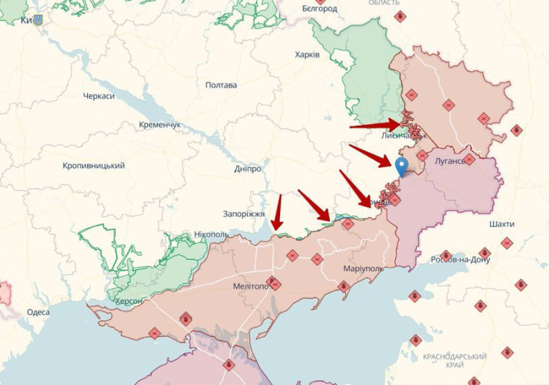烏軍在梅利托波爾和別爾江斯克前線的進攻行動仍在持續。圖為烏軍作戰地圖。   圖：翻攝自Maria Drutska推特