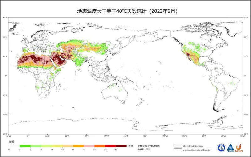 中國氣象衛星統計全球底標高溫日數結果表明，6月，美國西南部和墨西哥大部、非洲北部、歐洲南部、阿拉伯半島、中亞及東亞北部持續出現地表高溫過程。其中非洲北部、阿拉伯半島、中亞及美國西南部局部累計地表高溫超過40℃的天數甚至超過26天。   圖：翻攝自搜狐