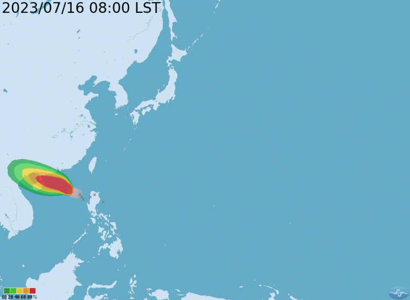 泰利颱風，今日8時的中心位置在北緯 18.8 度，東經 116.0 度，以每小時15公里速度，向西北進行。   圖：翻攝自中央氣象局官網