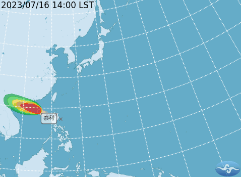 吳聖宇指出，泰利颱風目前往海南島、雷州半島一帶移動，對台灣沒有直接威脅，但外圍環流水氣配合低壓帶，未來2至3天內將為東南部、恆春半島帶來陣雨。   圖：翻攝自中央氣象局官網