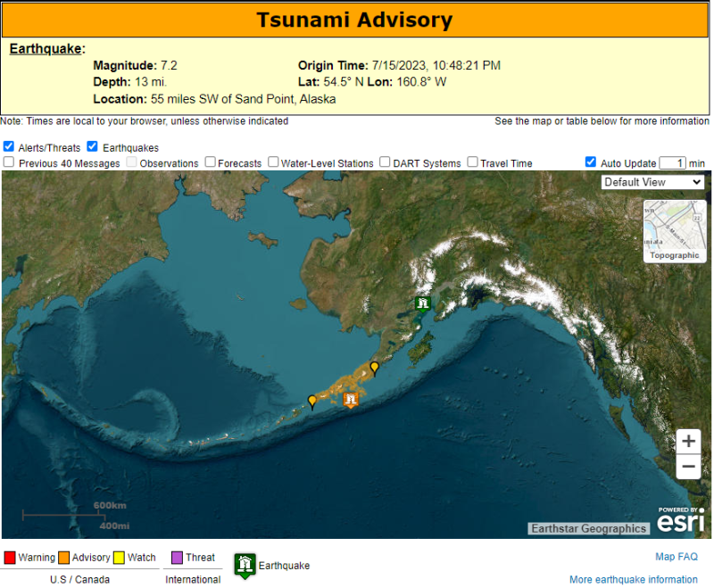 美國阿拉斯加州南部小鎮沙角市（Sand Point）發生規模7.2的強震。為此，當局針對南阿拉斯加、阿拉斯加半島和接近震央的太平洋地區，發布了海嘯警報。   圖：截取自推特@Alaska Earthquake Center