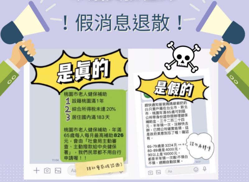 近期網路社群流傳桃市老人健保「半年」補助3224元訊息，市府社會局表示「是假消息」，請民眾勿相信、勿流傳。    圖：翻攝桃園蘆竹張桂綿粉絲團