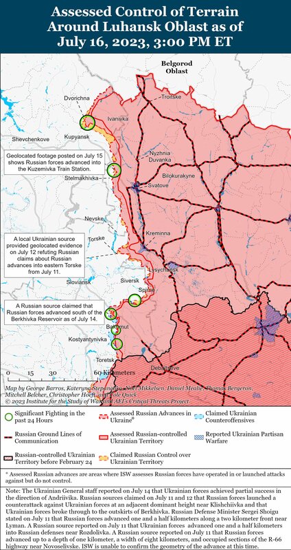 俄羅斯軍隊近期在庫皮揚斯克-斯瓦托韋線進行進攻行動，可並未取得明顯進展，代表烏軍防守成功。圖為地圖。   圖：翻攝自ISW推特