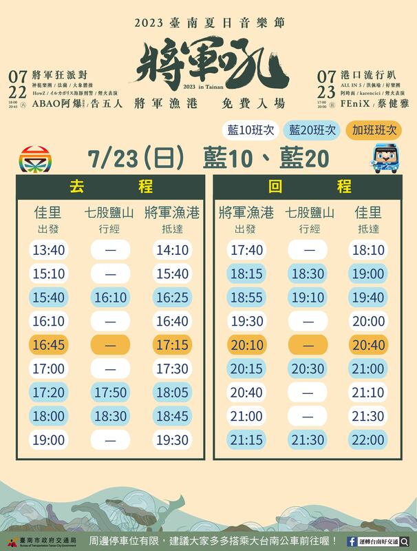 「2023台南夏日音樂節─將軍吼」7/23藍10藍20公車時刻表。   圖：台南市政府觀光旅遊局／提供