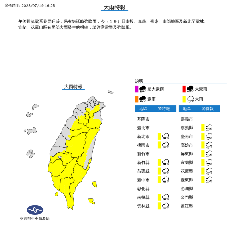 氣象局在16時25分對14縣市發布今日下午第二次的大雨特報。   圖：取自中央氣象局網站