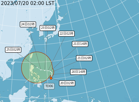 中央氣象局今天凌晨公布，熱帶性低氣壓TD06已經成形，目前位置在菲律賓東南方海面，以每小時15公里的速度向北移動，有發展為輕度颱風的趨勢。   圖：中央氣象局／提供