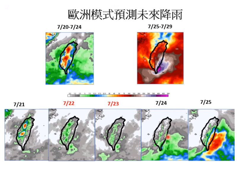 24日之前台灣高氣壓較強，因此水氣不多，約在25日至27日高壓減弱後，迎風面南花蓮、台東及恆春半島才會受到影響下大雨。   圖：取自賈新興YT頻道