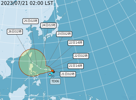 在菲律賓東方海面的熱帶性低氣壓TD06，正以每小時12公里的速度，向　　西北西移動，未來有發展成輕度颱風的趨勢。   圖：中央氣象局／提供
