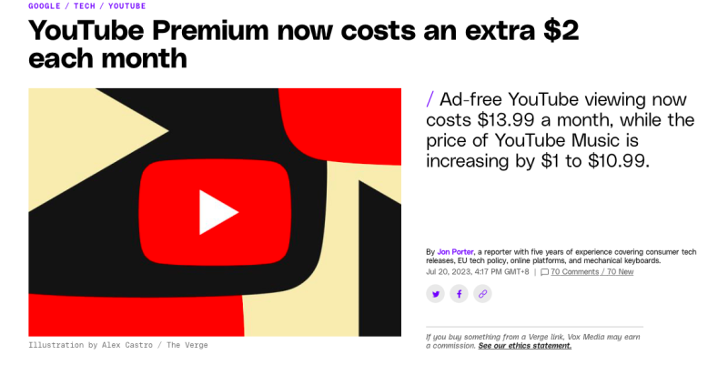外媒《The Verge》報導，YouTube Premium個人方案，從每月11.99美元漲至13.99美元，漲價2美元。   圖：取自The Verge官網
