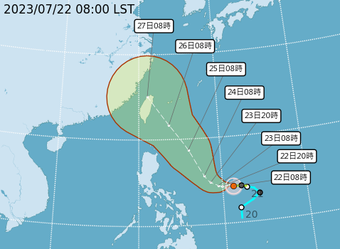 中央氣象局將「杜蘇芮」的最新預測路徑往北微調，預計下週二發海警機率高。   圖：取自中央氣象局網站