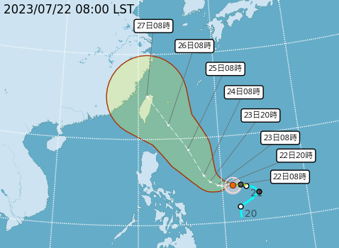 「杜蘇芮」颱風路徑持續北調，氣象局早上最新預測路徑有機會下週四在「宜花」附近登陸。   圖：取自中央氣象局網站