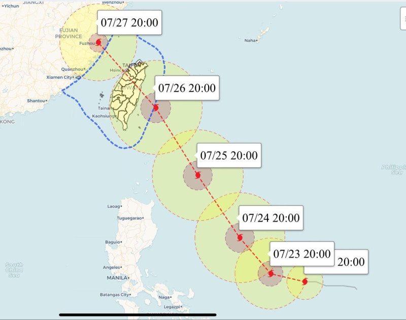 杜蘇芮路徑往南修正，路線朝台灣而來，暴風圈襲台機率上升至六成，可能成為睽違4年登陸台灣的颱風。   圖：翻攝彭啟明臉書