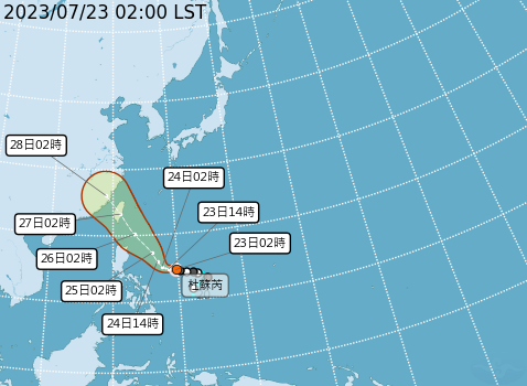 23日凌晨2時中心距離鵝鑾鼻東南方約1270公里，未來將逐漸由偏西轉西北西進行，其強度有逐漸增強的趨勢，路徑仍有不確定性，影響台灣的程度取決於北轉的角度而定。   圖片來源/氣象局