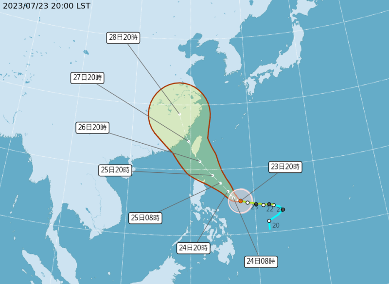 颱風杜蘇芮今天晚間8時增強為中度颱風，暴風圈也擴大，路徑往南修正，仍有機會登陸台灣。   圖：翻攝自中央氣象局