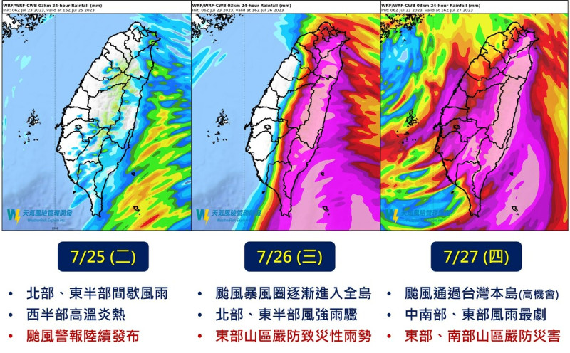 颱風杜蘇芮26、27日影響台灣最為劇烈、全台防強風豪雨。   圖：翻攝天氣風險臉書