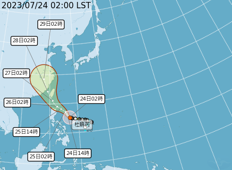 中度颱風「杜蘇芮」今天凌晨逐漸接近菲律賓呂宋島東方海面，走得比預期更偏西也偏快。   圖：中央氣象局／提供