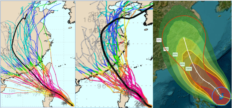 最新歐洲系集模式模擬的系集平均路徑，從菲律賓東方海面，向西北前進，經巴士海峽，通過台灣海峽南部，進入福建。   圖：翻攝自老大洩天機專欄