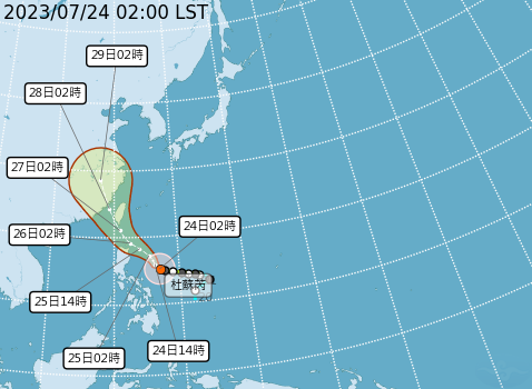 「杜蘇芮」的預測路線變化莫測，原本說會從台灣東半部登陸，但根據氣象局今(24)日最新預測，目前有可能颱風眼不會直接侵入台灣，由西南部近海通過。   圖：取自中央氣象局網站