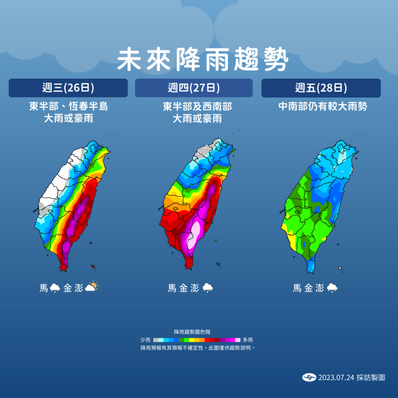 「杜蘇芮」颱風影響，外圍環流也會開始影響台灣，明天開始東半部就會開始降雨，未來3天都會有明顯雨勢。   圖：中央氣象局／提供