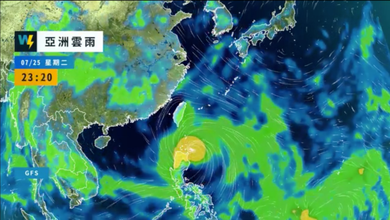 今(25)日因受到颱風外圍環流影響，東半部地區、恆春半島有短暫陣雨，時間越晚降雨可能會越明顯。   圖：翻攝自天氣風險公司官網