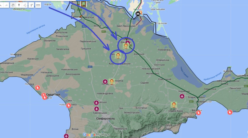 烏克蘭無人機24日襲擊了克里米亞北部的一個彈藥庫，但知名推特帳號「Картина маслом」附上實際受損機場的地點。   圖：擷取自推特@Kartinamaslom5
