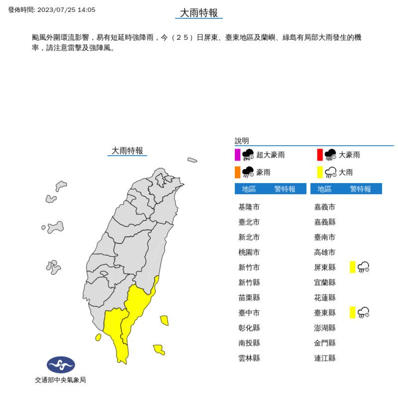 氣象局對屏東和台東發布大雨特報。   圖：取自中央氣象局網站