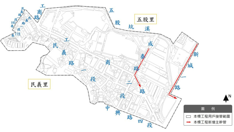 五股區污水接管工程範圍示意圖。   圖：新北市政府水利局/提供