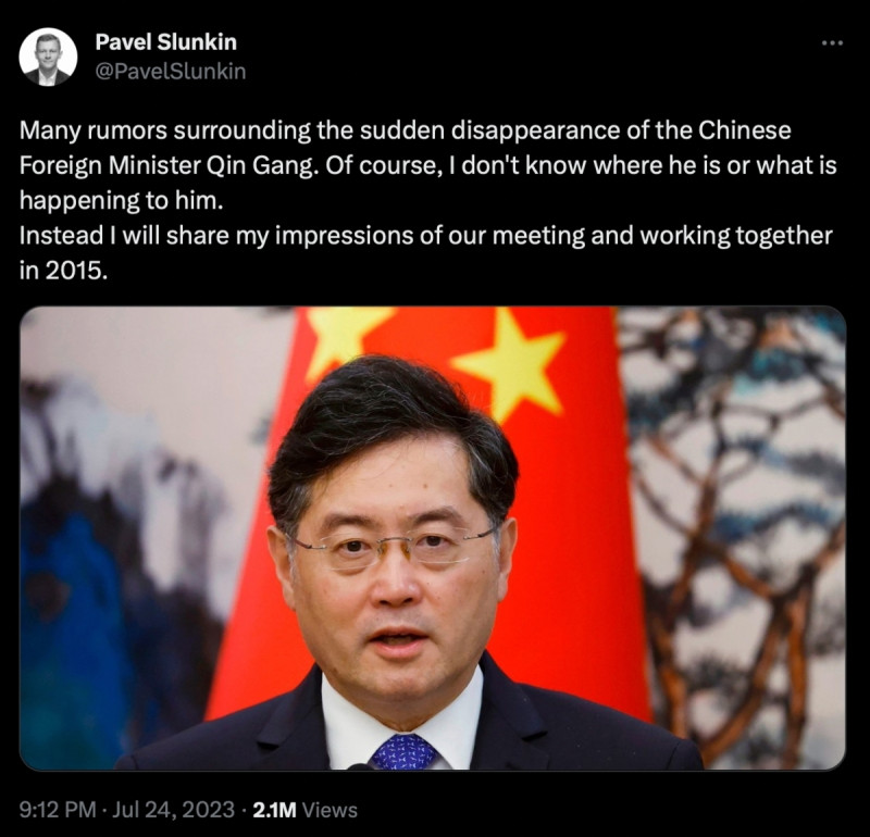 而白俄前外交官斯隆金（Pavel Slunkin）24 日於推特上爆料了與秦剛共事的過往，則間接揭露了中共內部的鬥爭局面。   圖：擷取自推特@PavelSlunkin