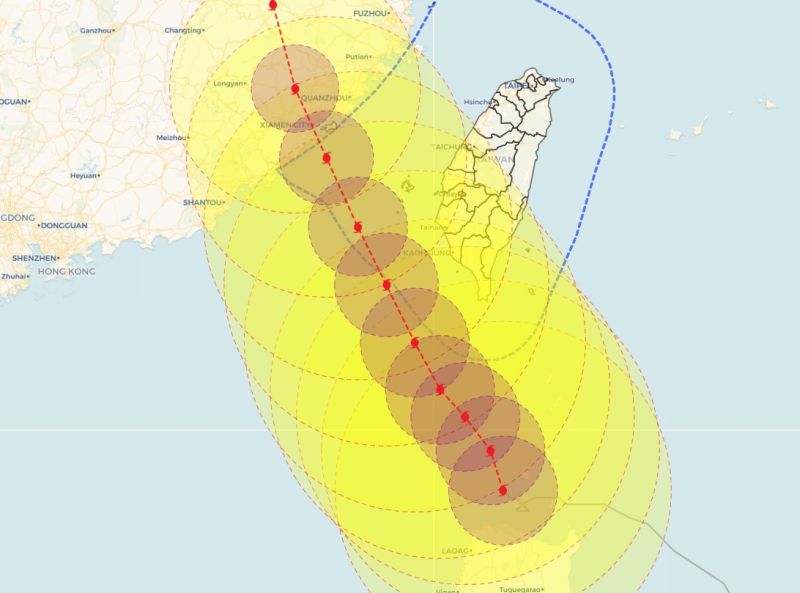 杜蘇芮颱風「10級風暴風圈」的預報路徑，竟然完美閃過台灣陸地，引發熱議。   圖：取自天氣職人吳聖宇臉書