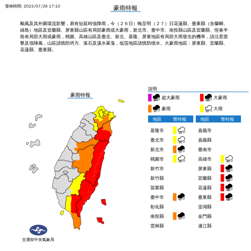 氣象局對全台11縣市發布豪大雨特報，其中大豪雨特報的範圍從花東擴大到宜花東、屏東。   圖：取自中央氣象局網站