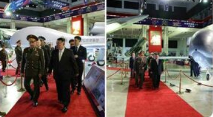 從金正恩帶領紹伊古參觀北韓的武器照片顯示，北韓不僅在積極研發導彈，還開發出了類似美軍 MQ-4 無人機的新利器。 圖 : 翻攝自推特