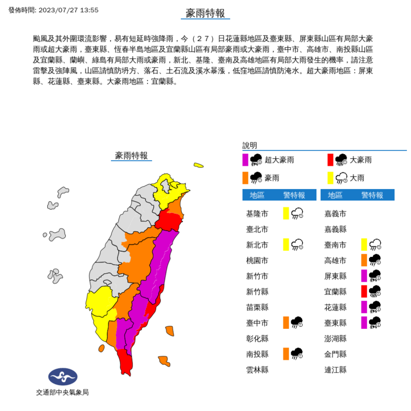 氣象局也持續地對10個縣市發布豪大雨特報，其中屏東、台東山區還有花蓮縣將是「紫爆」下起超大豪雨。   圖：取自中央氣象局網站