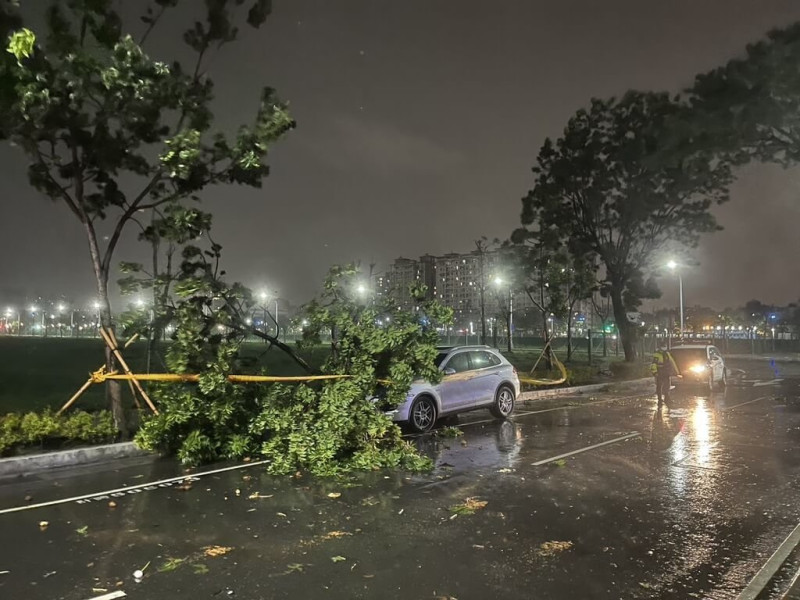 高雄27日深夜風勢強勁，多處出現路樹傾倒情形。   圖：高雄市警察局前鎮分局提供
