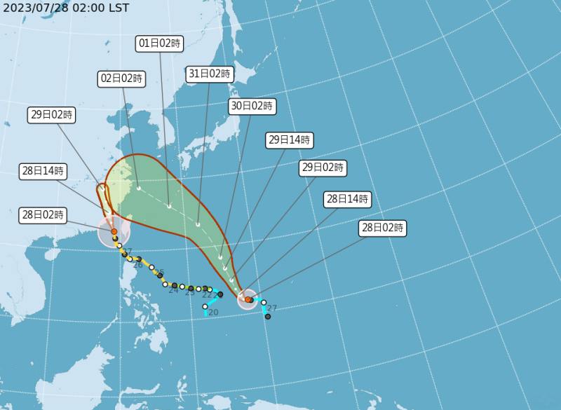目前太平洋地區有 2 個颱風，除了杜蘇芮外，原本位於關島西南方海面的熱帶性低氣壓，已經在今天凌晨2時發展為輕度颱風「卡努」。   圖：中央氣象局／提供