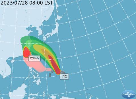 杜蘇芮颱風目前金門東方約 20 公里的海面上，暴風圈仍籠罩苗栗以南至台南、南投陸地及澎湖、金門地區。   圖：取自中央氣象局網站