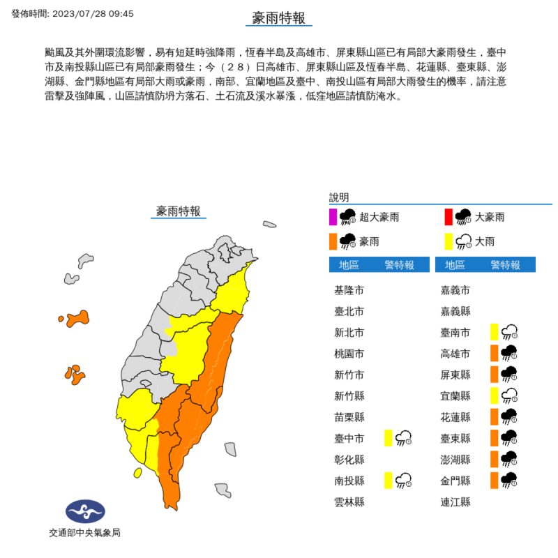 氣象局也對10個縣市發布豪大雨特報。   圖：取自中央氣象局網站