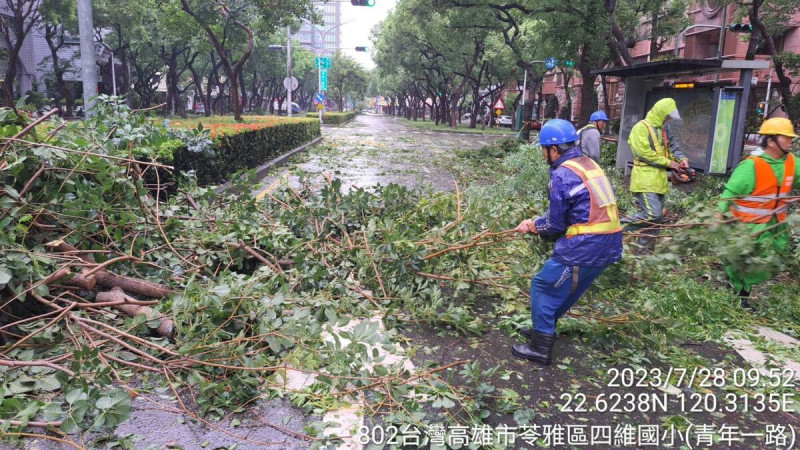 公園處人員冒雨清除傾倒樹木及樹枝，恢復交通順暢。   圖：高雄市工務局公園處提供