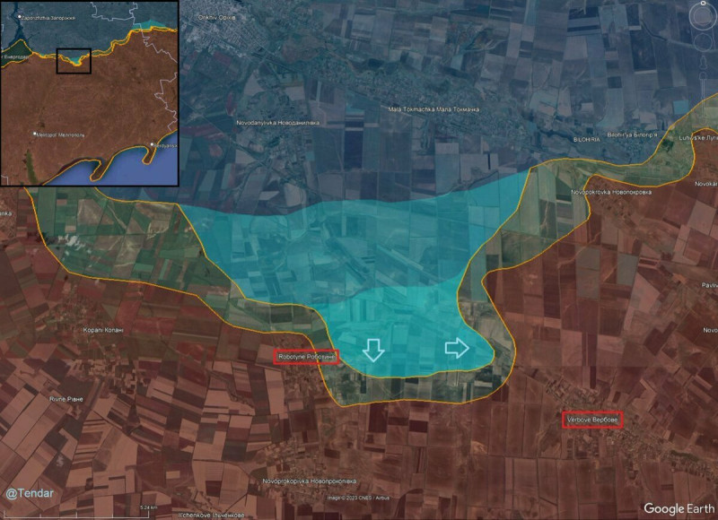 烏克蘭軍隊深入扎波羅熱州的俄羅斯佔領地。   圖：翻攝自推特 @Tendar