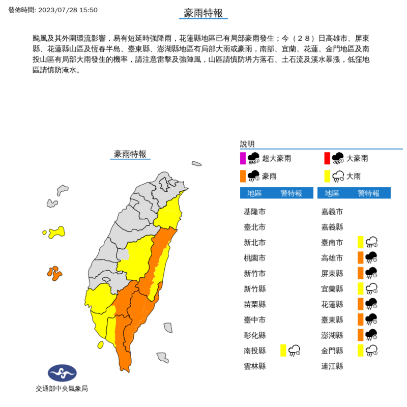 氣象局對9縣市發布豪大雨特報。   圖：取自中央氣象局