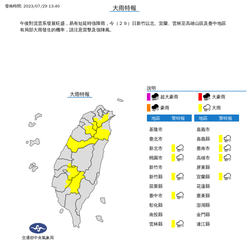 氣象局對9縣市發布大雨特報。   圖：取自中央氣象局