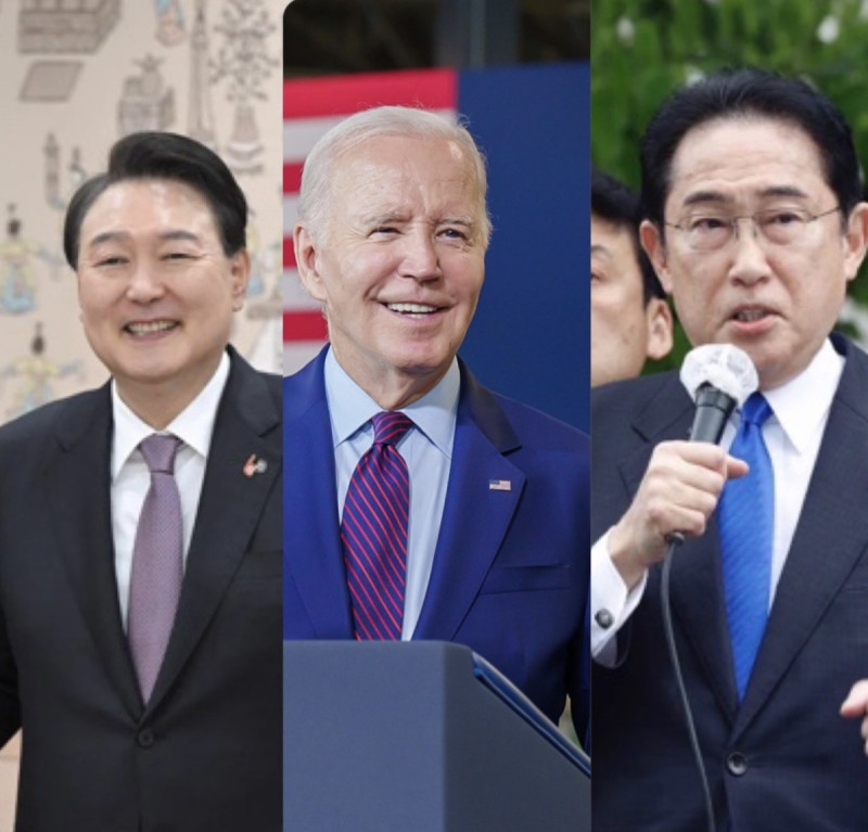 華盛頓宣佈，美國總統拜登（中）將邀請日本首相岸田文雄（右）與南韓總統尹錫悅（左）於 8 月 18 日在華盛頓近郊的總統莊園大衛營舉行三方會談。 圖：翻攝自推特後合成製圖