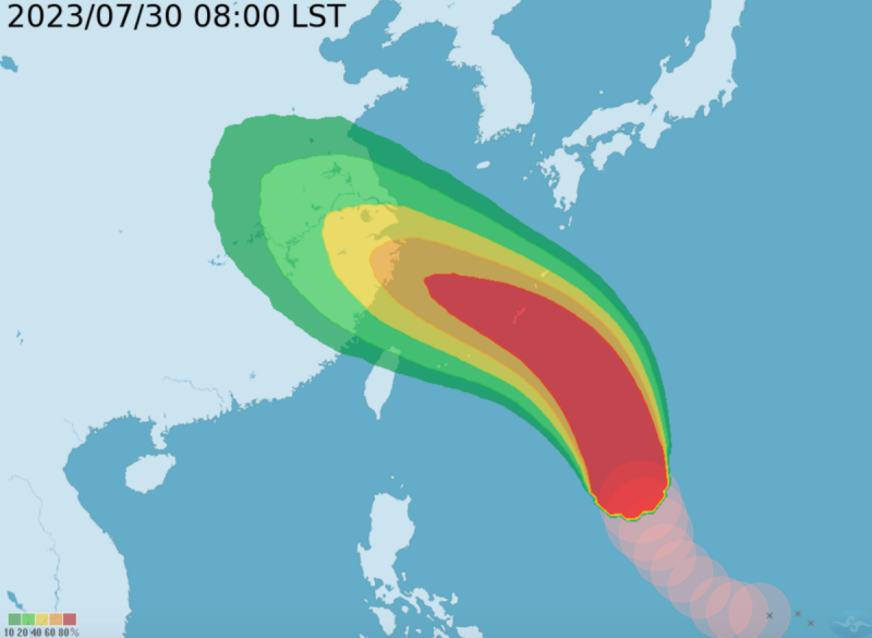 氣象局目前預報卡努近彭佳嶼、馬祖時，將在海上颱風警報區域的邊緣，陸上颱風警報機率則偏低。   圖：翻攝自中央氣象局