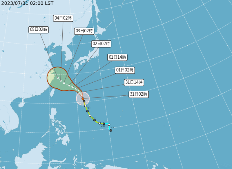 卡努颱風稍微偏北，未來可能只是掃過台灣北部邊緣，但受到颱風外圍環流影響，基隆北海岸與澎湖、金門、馬祖，零星短暫陣雨的機率較高。   圖：中央氣象局／提供