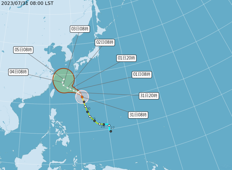 中颱「卡努」今(31)日以每小時19公里速度，向北北西進行。   圖：翻攝自中央氣象局官網