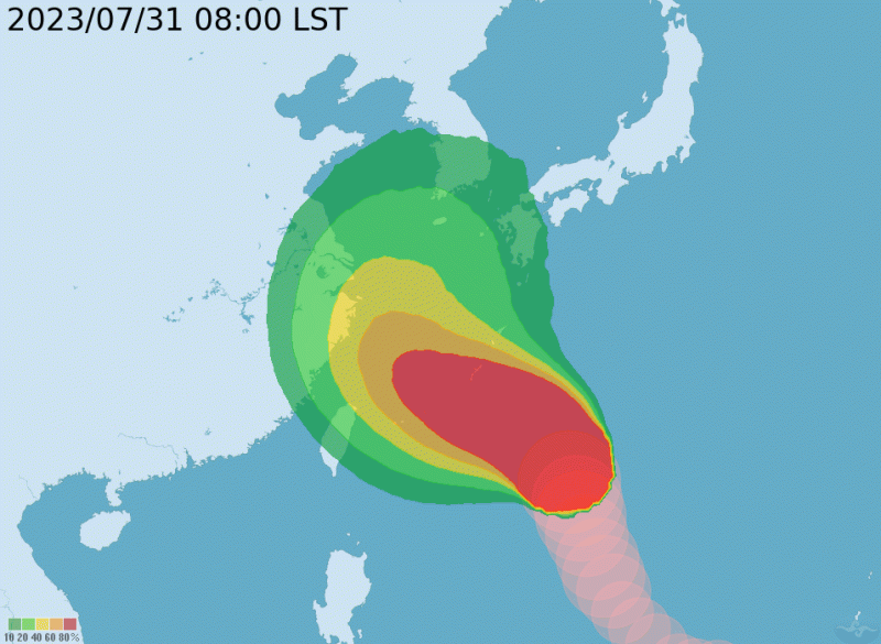 「卡努」外圍雲系明(1)日起逐漸影響北台灣，週四起至週日中南部降雨時間長，因此不排除明深夜至後天清晨發布海上颱風警報。   圖：翻攝自中央氣象局官網